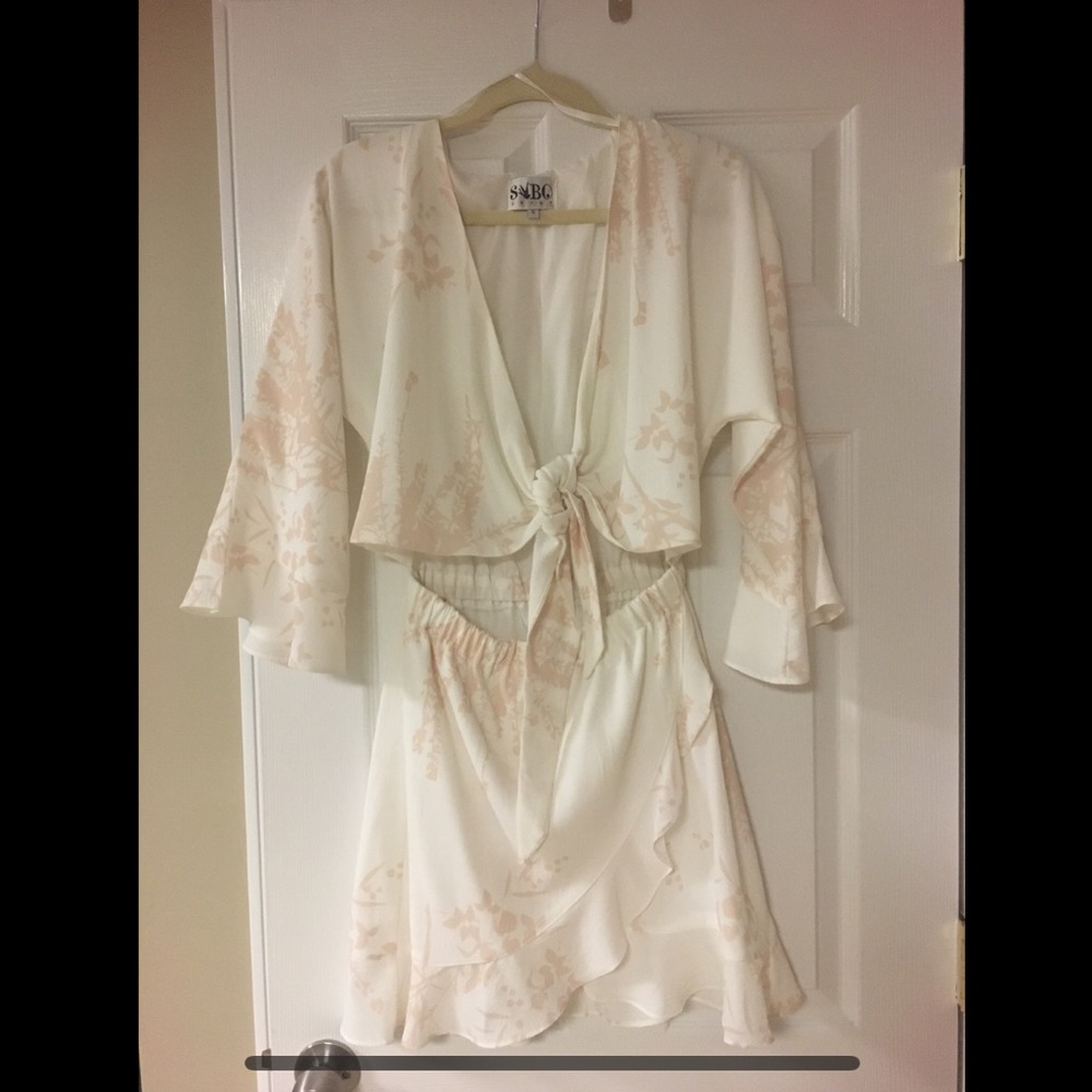 White & Beige/Pink Tie Up Dress